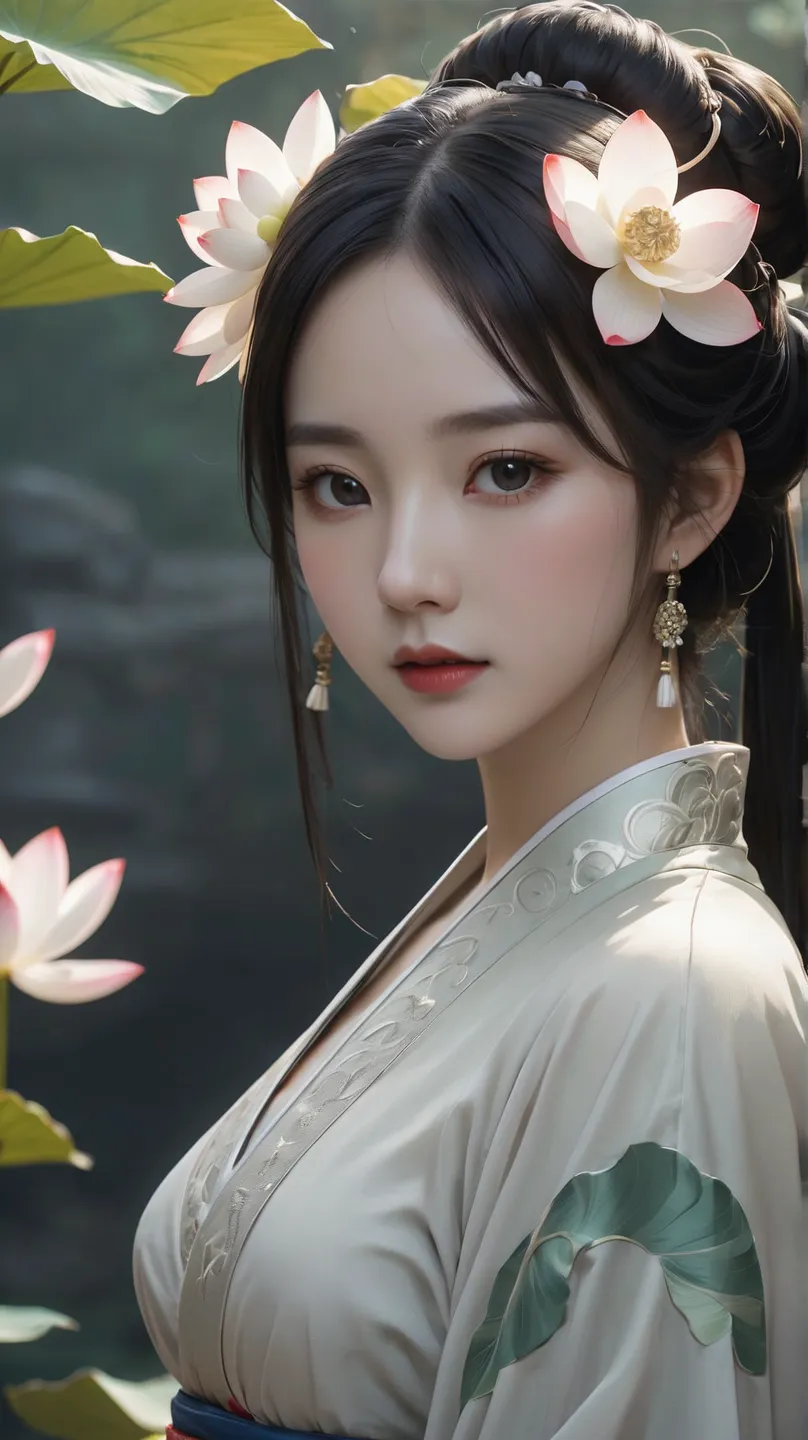 an ancient chinese beauty sits on a stone, anime girl dressed in ancient hanfu , flowing tulle, light silk, large lotus leaf, lo...