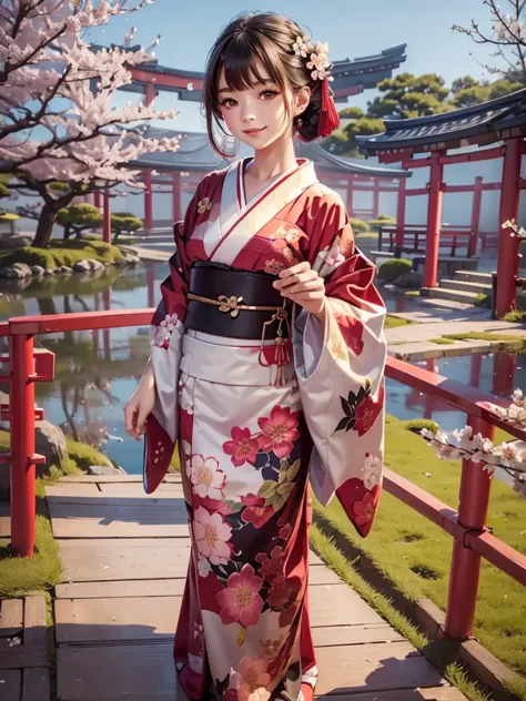 masterpiece, best quality, realistic, 1girl, kimono girl, kimono with patterns, outdoors, japanese style, cherry blossom.