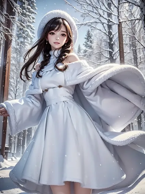 masterpiece, best quality, realistic, 1girl, winter dress and coats, outdoors, snow falling, off shoulder dress, far corts, ruin...