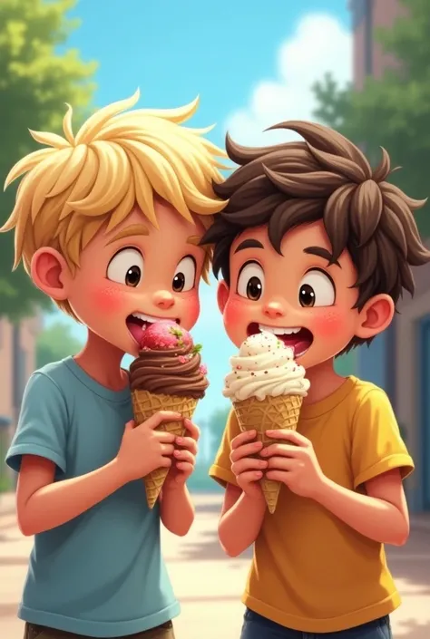 Boys licking ice cream