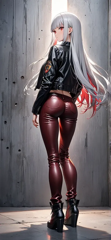 Ultra high resolution, rich colors, perfect image, best quality, detailed image, beautiful single woman, glowing skin, skin and clothing texture, delicate eyes, concrete background, leather jacket, tank top, leather pants, mini boots, buttocks emphasis, fu...