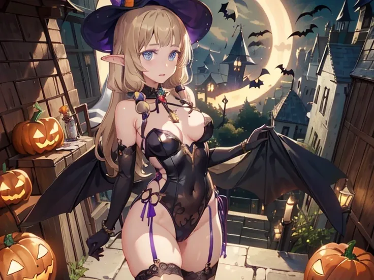 (((masterpiece))), beautiful detailed eyes, beautiful, amazing, best quality, anime picture, unity 8k wallpaper, pov,((solo)) , ((looking for view)) ,a girl, skinny, tsurime, middle breasts, (half open eyes) ,, ((halloween)), hat ,witch hat ,leotard in hal...