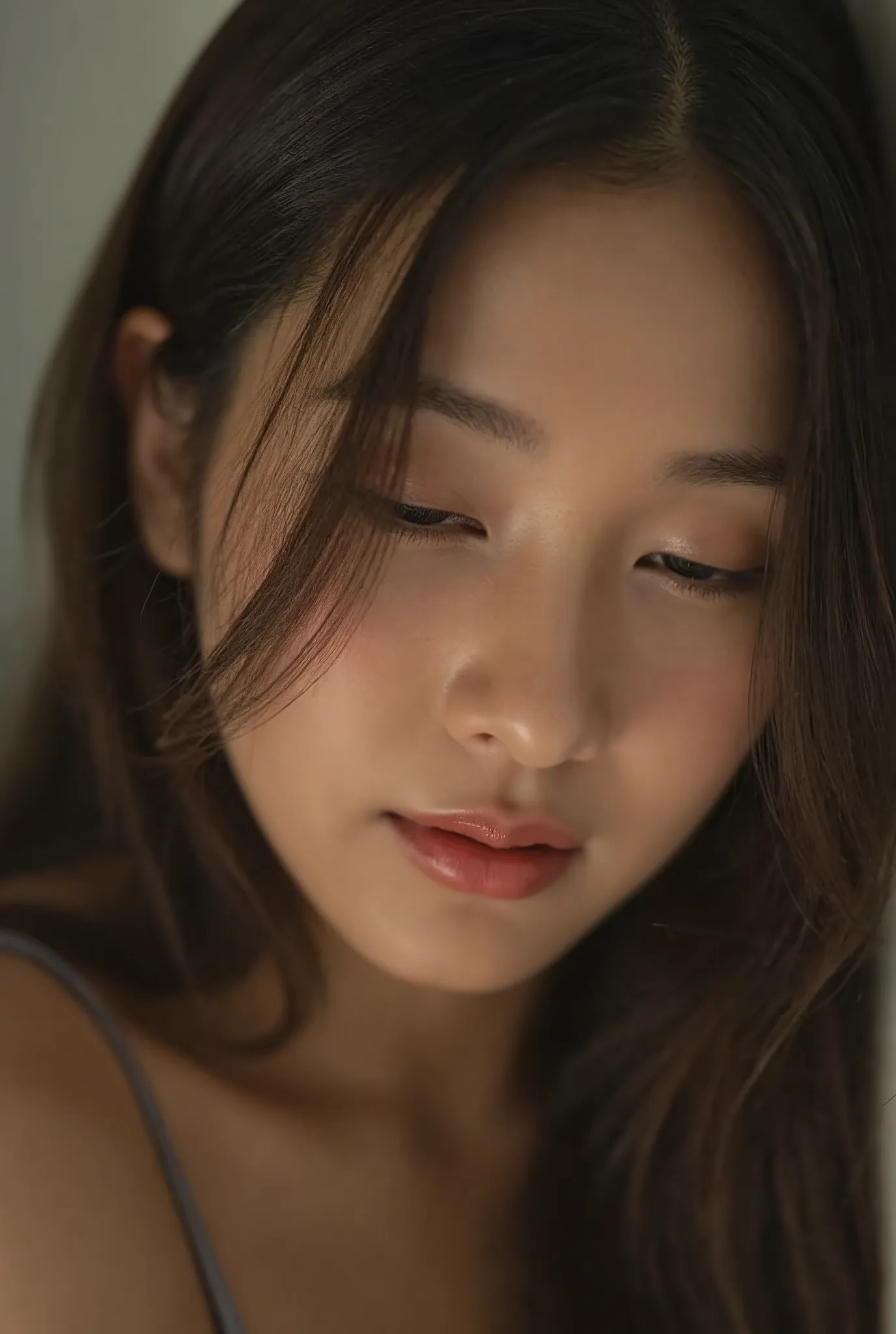 a soft-focus close-up portrait of a young thai woman with a gentle, introspective expression. she has long, wavy hair framing he...