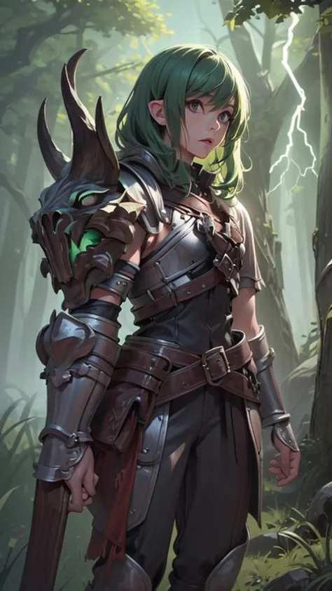 male, forest gnome, young, short stature, skinny, small, short green hair, leather armor, (dragon skull shoulder armor), black c...