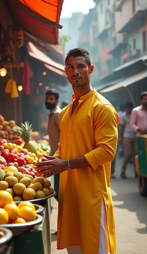 "Generate a hyper-realistic image of Cristiano Ronaldo, selling fruits on indian street wearing yellow kurta and white paijama