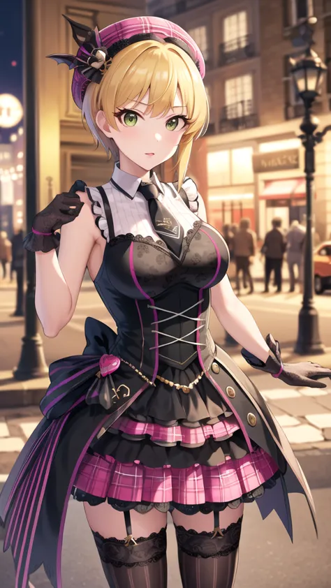 masterpiece, best quality, highres, hmfre, blonde hair, beret, purple headwear, plaid, black necktie, sleeveless dress, corset, arm strap, black gloves, black thighhighs, striped thighhighs, garter straps, idolmaster cinderella girls, outdoors, standing, c...