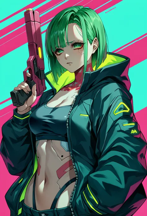 a woman with green eyes and a black jacket holding a gun, anime cyberpunk art, cyberpunk anime girl, best anime 4k konachan wall...