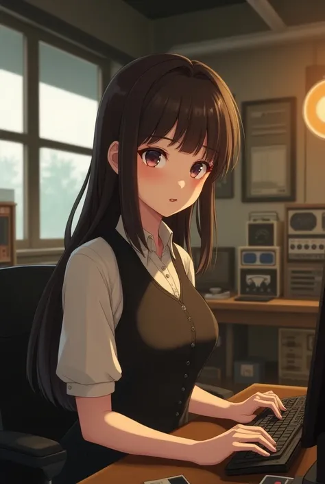 ANIME WOMAN,  Long straight hair ,  dark brown color , light brown eyes, He works at an old radio station 