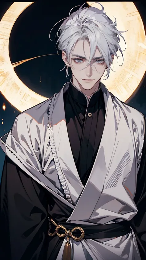 silver hair, up hair, broad shoulders, handsome, tall macular guy, adult, inner hair, blank eyes, hollow eyes, tsurime, longeyelashes, crescent earrings, light smile, seductive smile, UHD, masterpiece, magic effect, dark theme,kimono