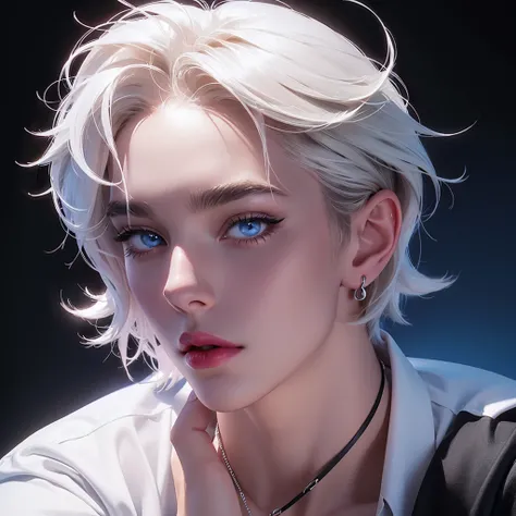  man,  the face structure is not very small,   long lashes ,  short hair, snow-white hair,  light pink lipstick ,  velvet lipstick texture ,  blue eyes , high nose, Wears a white shirt,  black bracelet , red , in black shorts