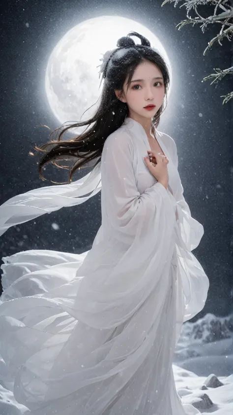 floating in the snow at midnight、 please draw a ghostly snow girl .。 to highlight her fair, clear skin and cold gaze、 add some f...