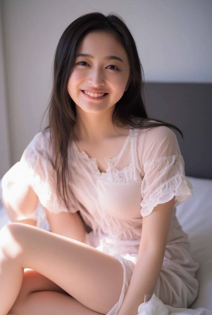 Full body shot from the front、Wearing off-the-shoulder mini one-piece pajamas, Im sitting while looking at me while taking a pose with the knee bent and the knee spread, Slender bare legs 、smile、The background is a monotone 

