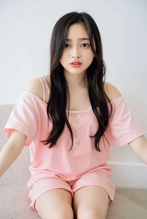 Full body shot from the front、 is sitting while looking at me while wearing off-the-shoulder mini one-piece pajamas, bending the knee and spreading the knee in a pose, Slender bare legs 、smile、The background is a monotone 

