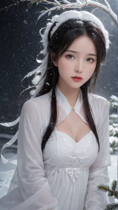 floating in the snow at midnight、 please draw a ghostly snow girl .。 to highlight her fair, clear skin and cold gaze、 add some f...