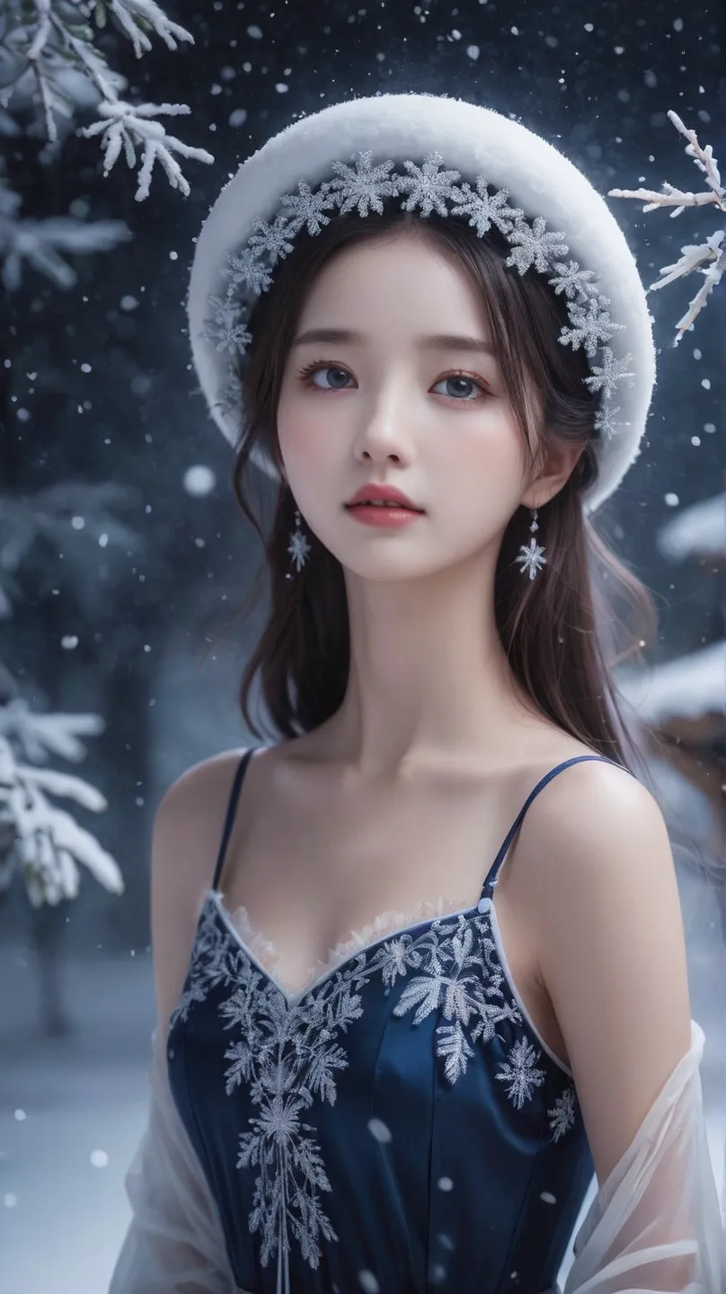 floating in the snow at midnight、 please draw a ghostly snow girl .。 to highlight her fair, clear skin and cold gaze、 add some f...