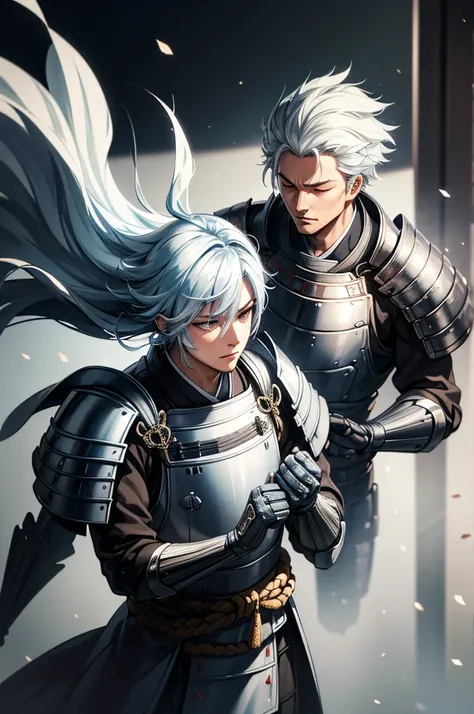 wearing armor one adult man, wearing light armor, wearing  white and black kimono, very short hair, light blue hair, closed eyes...