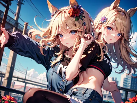 (ソロ:1.5), (alone:1.5), anime, uma musume, (horse ear:1.5), (red flower field), (ちびtシャツ:1.5、 denim shorts :1.5), (curly wavy hair...