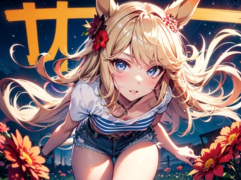 (ソロ:1.5), (alone:1.5), anime, uma musume, (horse ear:1.5), (red flower field), (ちびtシャツ:1.5、 denim shorts :1.5), (curly wavy hair...