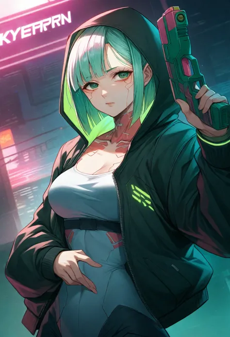 a woman with green eyes and a black jacket holding a gun, anime cyberpunk art, cyberpunk anime girl, best anime 4k konachan wall...