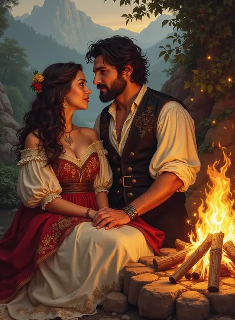 picture of a man and a woman,  gypsy Rudd and gypsy Loiko , sitting around the campfire ,  romance novel cover, medieval fantasy art , magala Vylnyov, genre fantasy portrait,  romantic era painting ,  Graphic artist Magali Villeneuve,  Renaissance digital ...