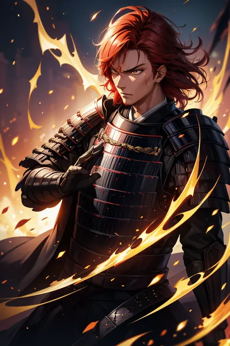 wearing armor one adult man, wearing light armor, wearing black kimono, red hair, golden eyes, scar, snake pupils, intense anger...