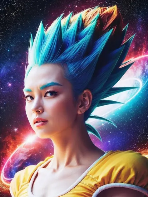  BEAUTIFUL GIRLS,   Dragon Ball Style ,  Super Saiyan ,  perfect face,  beautiful face,   high detail  ,  galaxy background ,  energy , Blitz,  energy  aura around girl, Vegeta,  sexy,spiked hair