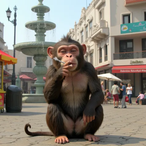 a monkey smoking marijuana in a public square