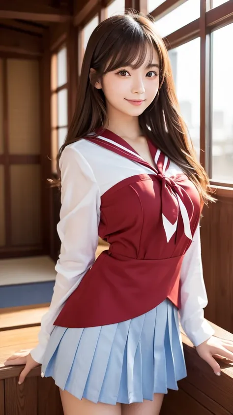 Beautiful detailed portrait of an attractive young Japanese woman wearing intense red and dazzling sunlight ( High School Girl Sailor Suit )を着た魅力的なlikeい日本人女性の美しい詳細な肖像画,( school rooftop during lunch break),(Intensely red beautiful sunlight ),(Dazzling sunli...