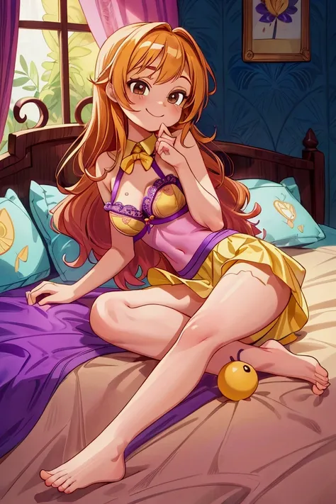 ( masterpiece ,  The best quality ) lying on the bed,  showing her pants and bra  , interior, intricate detail, Sunlight, short yellow and purple blouse ,  very short yellow and purple petticoat, barefoot ,  long orange hair ,  dark brown eyes ,  smiley fa...