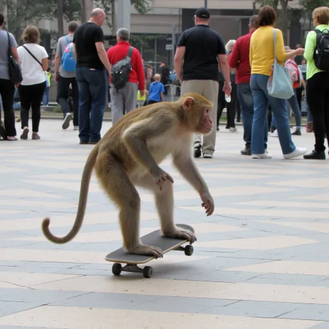 a monkey skateboarding in a public square