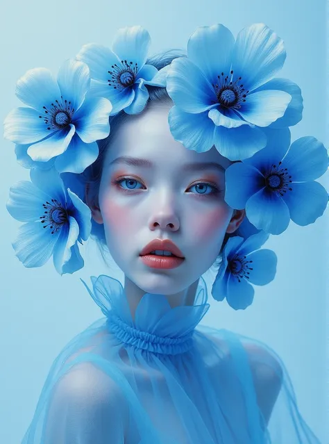 portrait of an avant-garde figure, soft blue monochrome, large transparent flowers, watercolor, (best quality,4k,8k,highres,masterpiece:1.2),ultra-detailed,(realistic,photorealistic,photo-realistic:1.37),intricate details,cinematic lighting,delicate brushs...