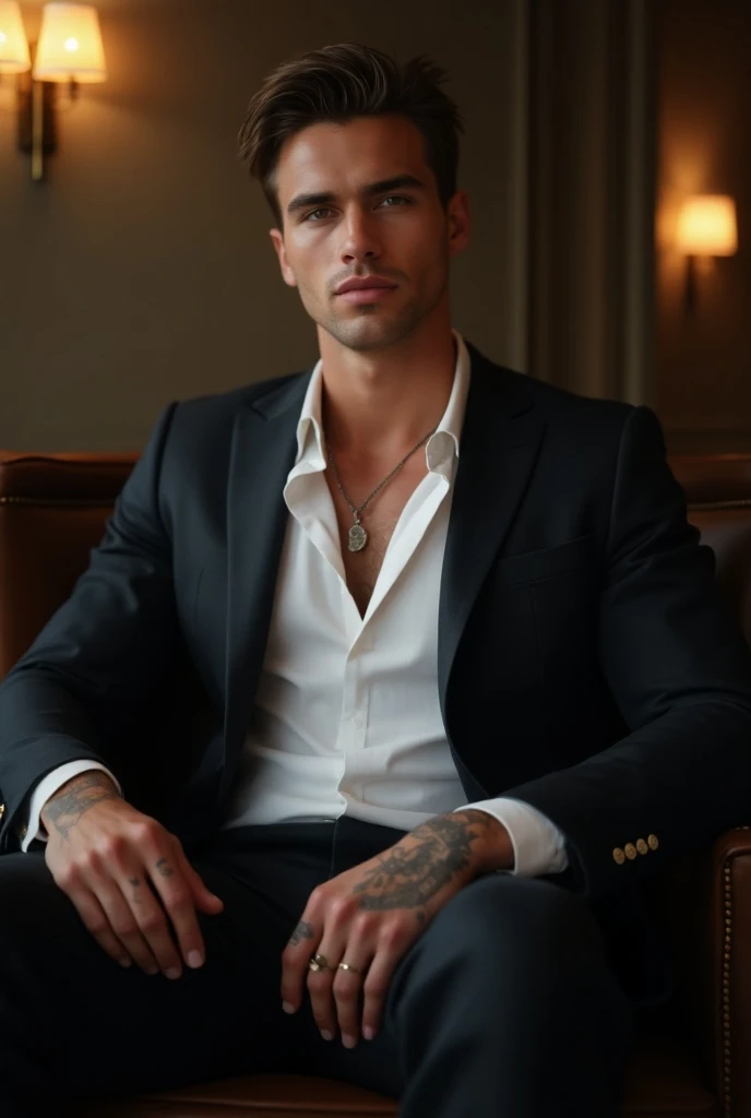 A British young man of 20 years, elegant, athletic and attractive. White shirt. He is wearing a suit, fitted suite. He is sitting relaxed on a sofa. chest tattoos. Hands tattoos 
