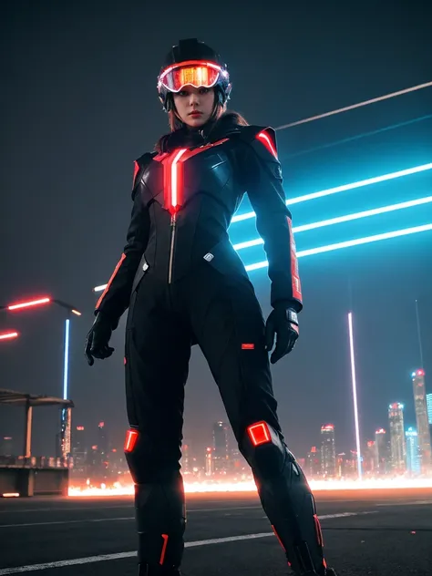 (Best Quality, 4K,  high definition, Realistic:1.37), Super detailed,  woman wearing a full-face helmet,  in a cyberpunk reinforced suit ,  looking at a rocket launch ,  gorgeous design , Neon lights shining,   futuristic SF style ,  bright color, Smoke an...