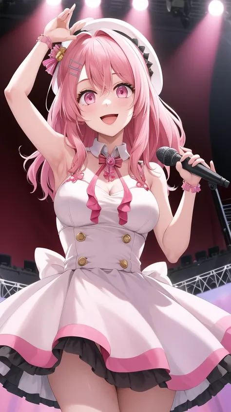 masterpiece, best quality, highres, 1girl, solo, long hair, pink hair, hairclip, bangs, pink eyes, dress, mini hat, idol clothes...