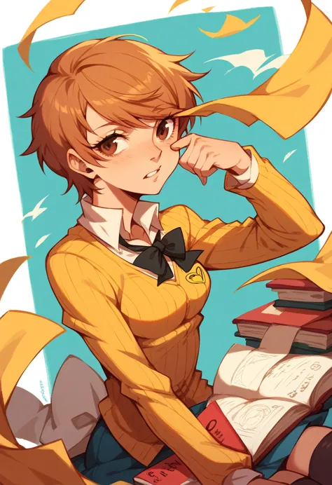 yukari persona 3, student,  short hair, chestnut