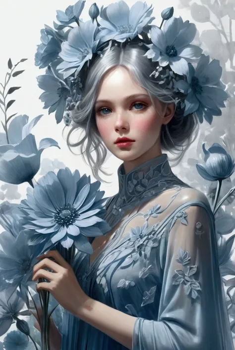  portrait of an avant-garde figure, Bondinka,  soft blue monochrome ,  large transparent flowers , watercolor, ( Best quality ,4K,8 k, high resolution,masterpiece:1.2), super detailed,( Realistic ,photo Realistic ,photo- Realistic :1.37), Complex details ,...