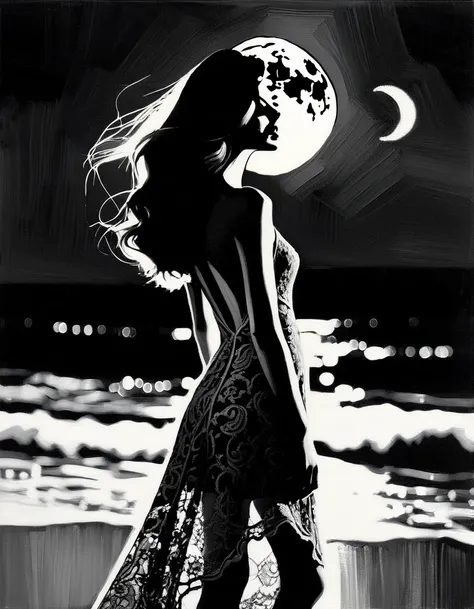 Sexy girl with crescent moon, night, black and white photo in lace dress, on the beach, (inspired by Bill Sienkiewicz, oil painting)