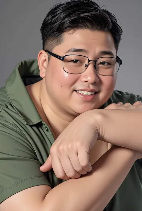 a chubby thai-chinese man with short hair, wearing stylish modern clothing and glasses, smiling happily, highly detailed portrai...