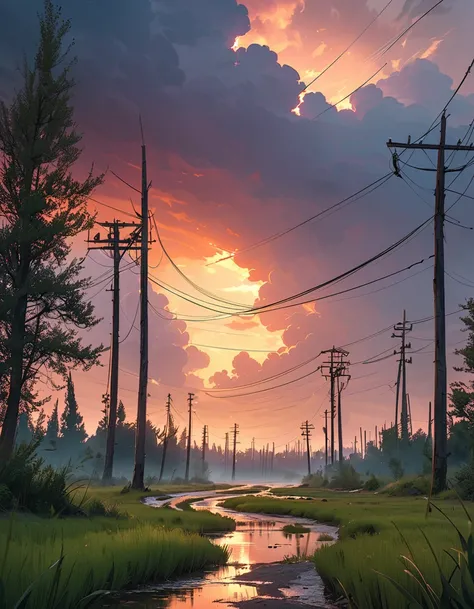 beautiful color, masterpiece, amazing quality, best quality, high quality, 4K, 8K, K, UHD, swamp, willow trees, tall weeds,  powerlines, road, thunderhead clouds,no humans,