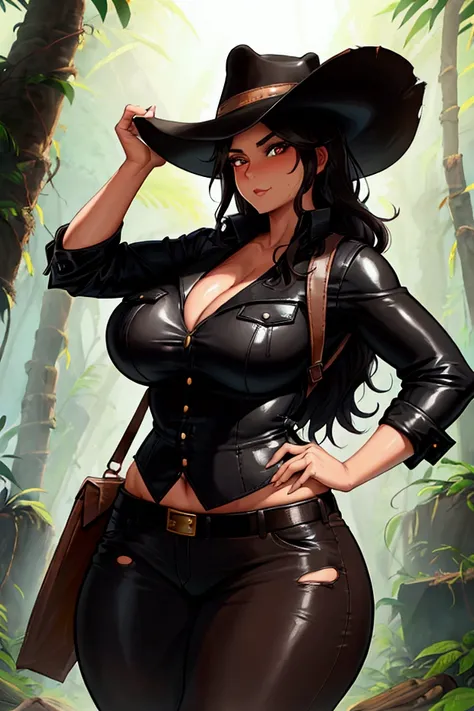 Female Indiana Jones,wavy black hair,curvy body,big breasts, seductive eyes,brown leather satchel, cowboy hat, holding a Rambo knife,torn clothes .in the middle of the jungle,in front of ruins.