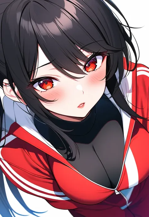 Beautiful anime style girl, long black hair, slightly reddish lips, red eyes, open red tracksuit with white stripes, black t-shirt, beautiful, big breasts, beautiful, blushing slightly.