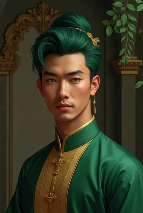 Classical Malay man with green hair and brown skin and green eyes wearing Baju Melayu and Tengkolok.