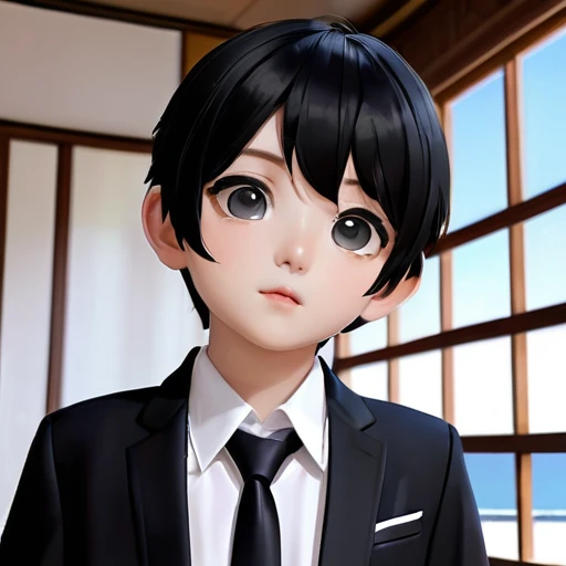 japaneselittleboy、black hair、  very short hair、big eyes、shiny black lsuit、 white shirt 、tie、tatami room、3d