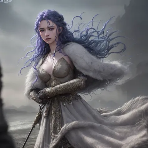 4 armed fae witch with long curly blue hair,lavender eyes,thin lips,round face,light gray skin,mystical being,enormous breasts,wide hips,thick thighs,wearing bear fur cloak,medieval witch attire,mystical creature,dark gloomy scene,(best quality,4k,8k,highr...