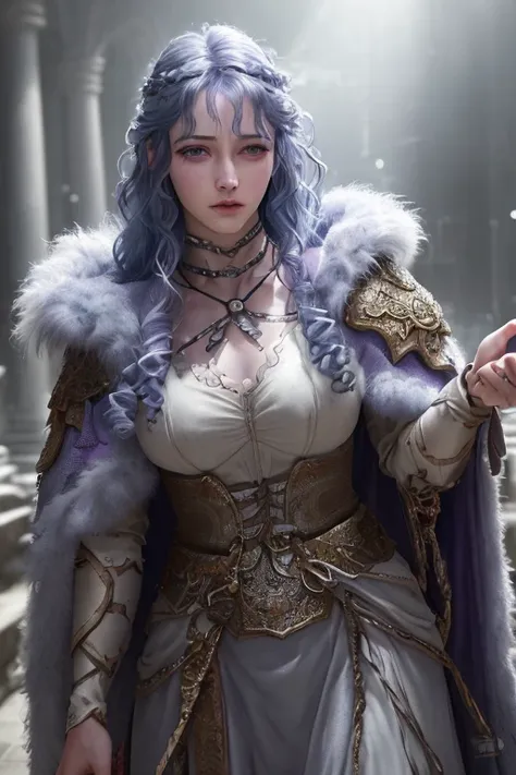 4 armed fae witch with long curly blue hair,lavender eyes,thin lips,round face,light gray skin,mystical being,enormous breasts,wide hips,thick thighs,wearing bear fur cloak,medieval witch attire,mystical creature,dark gloomy scene,(best quality,4k,8k,highr...