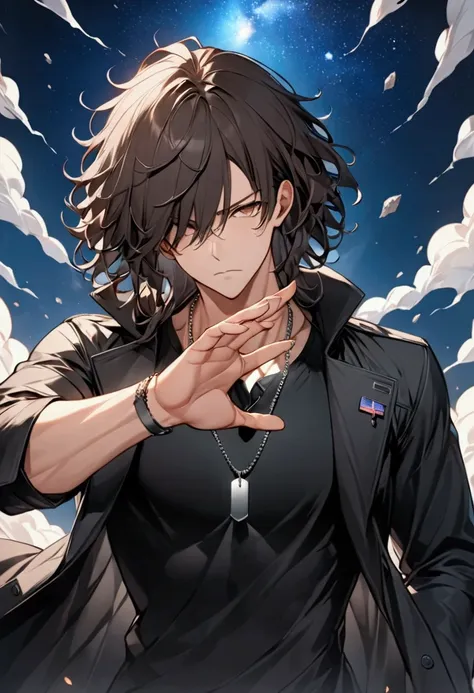 (masterpiece,  best quality:1.2), wild medium haired young man with dark hair "kurusu ", clothing: dog tag necklace wearing a bl...