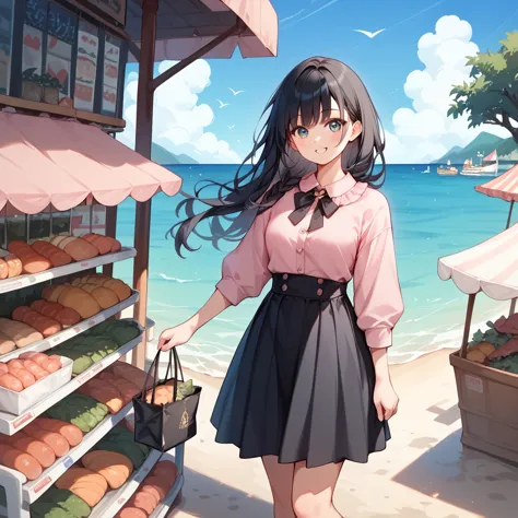 1 girl, black hair, long hair , pink shirt, black skirt, ruffled clothes ,sea,port,port町,漁port,market,shopping