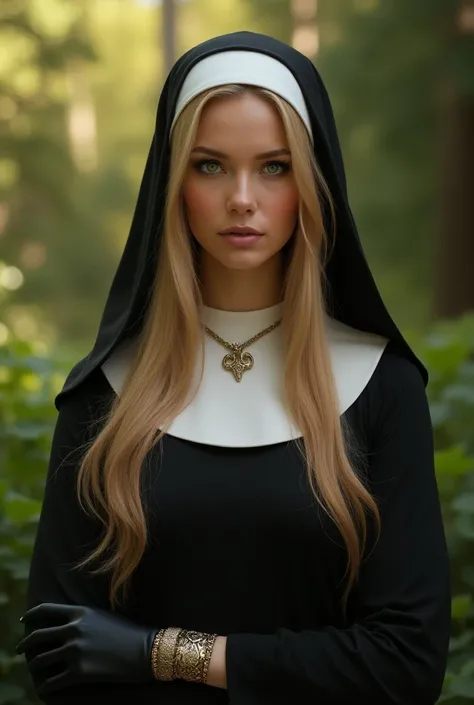 siggy, long hair, nun, mole, habit, cross, mole under mouth, gloves, jewelry, green eyes, necklace, armlet, blonde hair, boots, posing, teasing, sexy ass, sunny day, balamb garden, ultrahd, realistic, perfect face, perfect body, cleavage, realistic, ultra-...