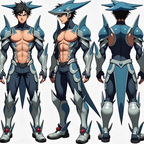  Full size image ,  clothes , from head to toe,  in profile and in front of , Young boy, 21 years old, male anime character , strong, muscular, handsome and sexy, very masculine traits, with armor,  armor based on his animal spirit, warrior, Very good figh...