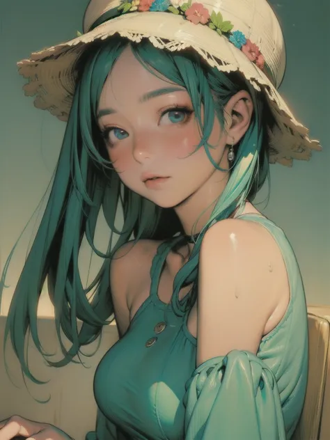 blue haired anime girl with straw hat and blue dress, artwork in the style of gwaiz,   , gwaiz,  beautiful anime girls , beautif...